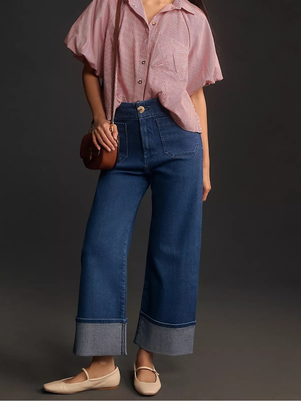 Maeve by Anthropologie Colette Denim Wide-Leg Cuffed Jeans Patch Pockets Size 24